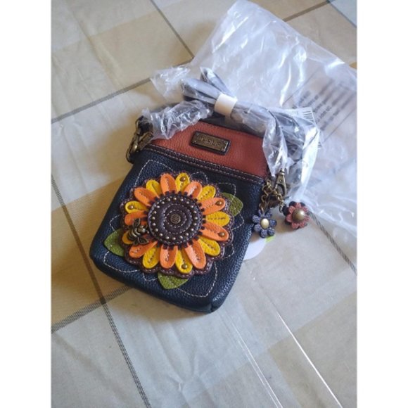 Women Navy Sunflower Canvas Multicolor Cell Phone Purse with Adjustable Strap - Picture 3 of 10